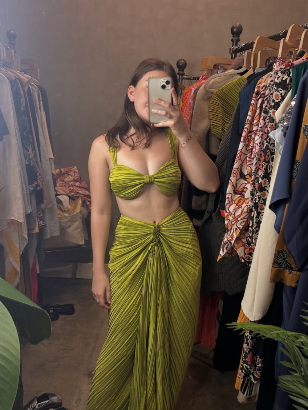 Cult Gaia Olive Green Pleated Three-Piece Maxi Set